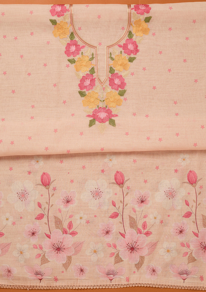 Light Peach Threadwork Linen Unstitched Salwar Suit