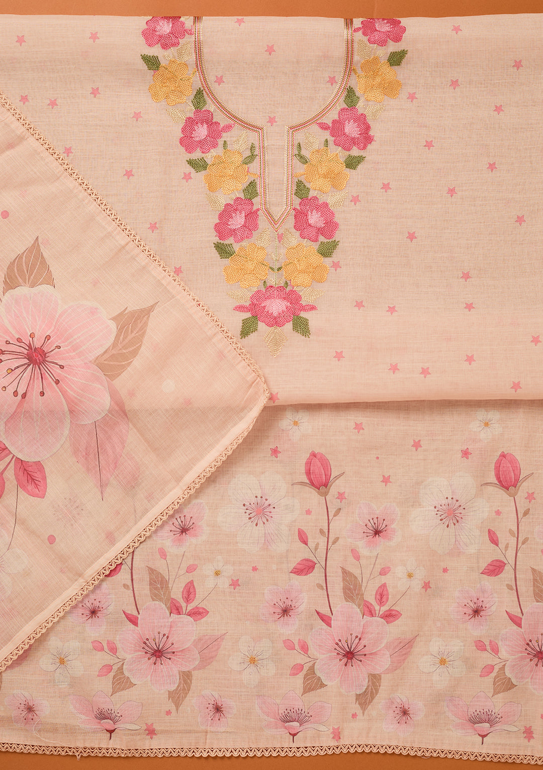 Light Peach Threadwork Linen Unstitched Salwar Suit