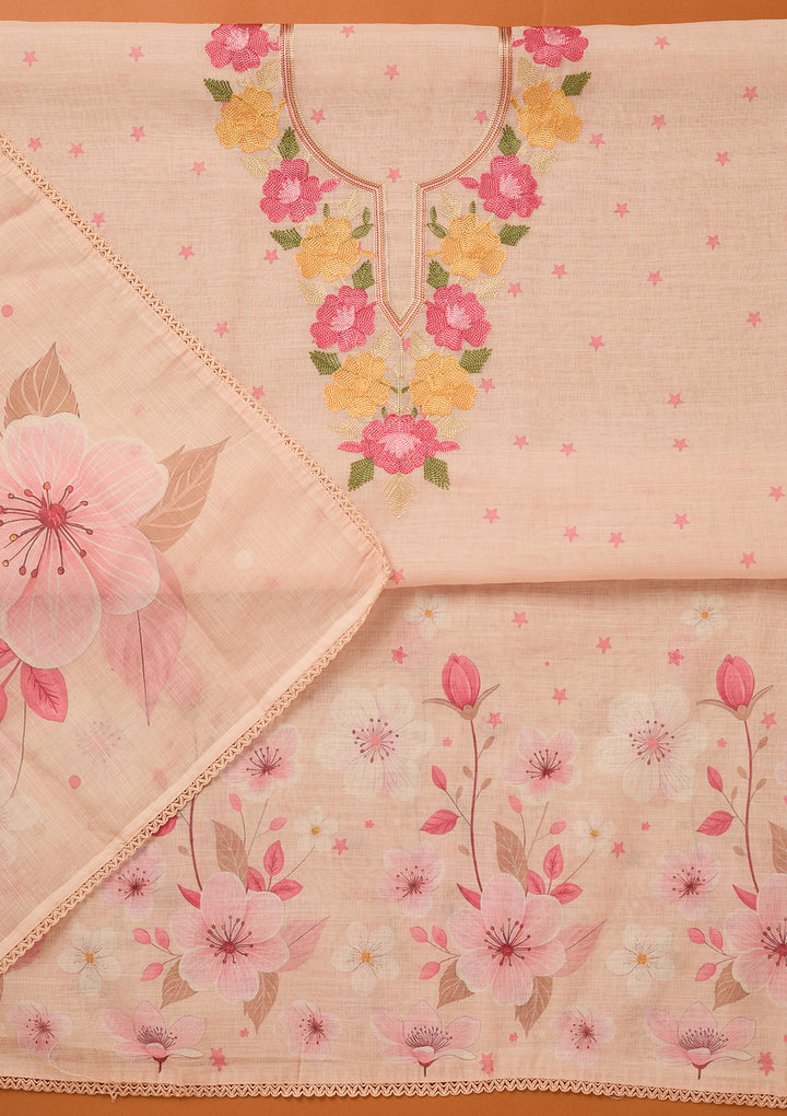Light Peach Threadwork Linen Unstitched Salwar Suit
