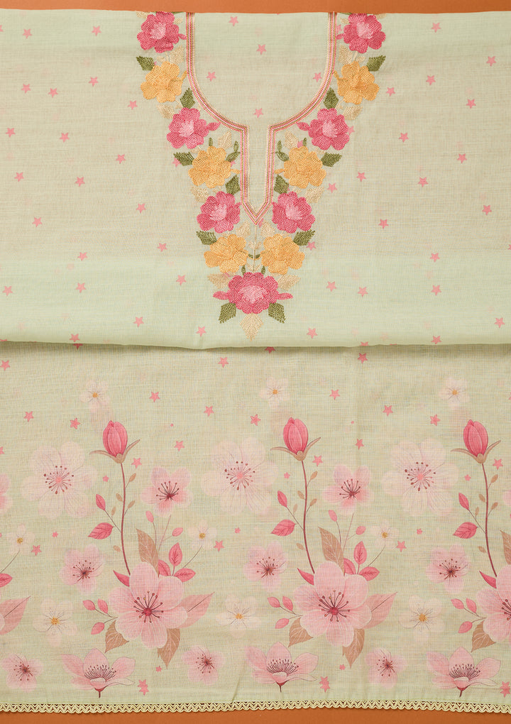 Pista Green Threadwork Linen Unstitched Salwar Suit