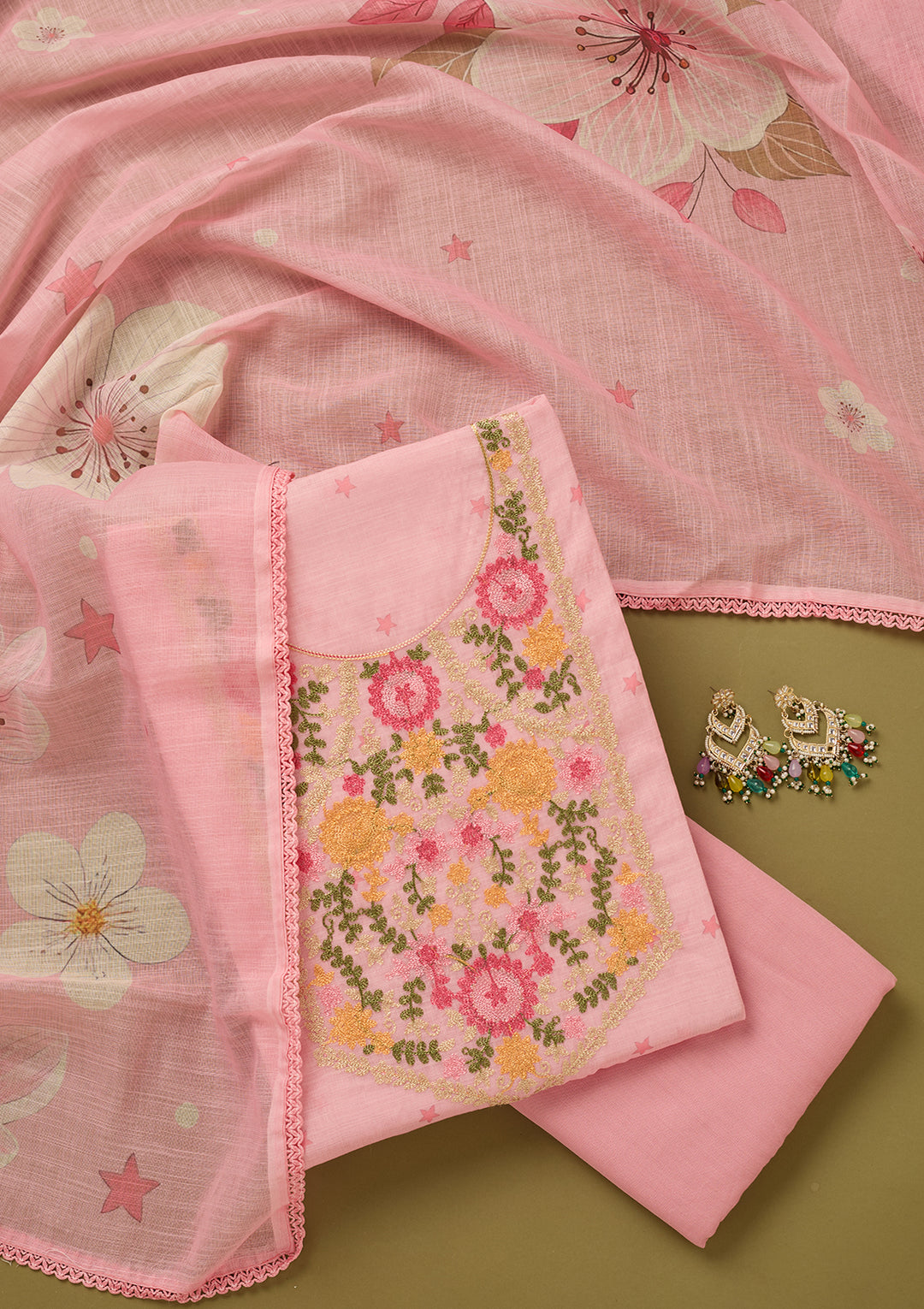 Baby Pink Threadwork Linen Unstitched Salwar Suit
