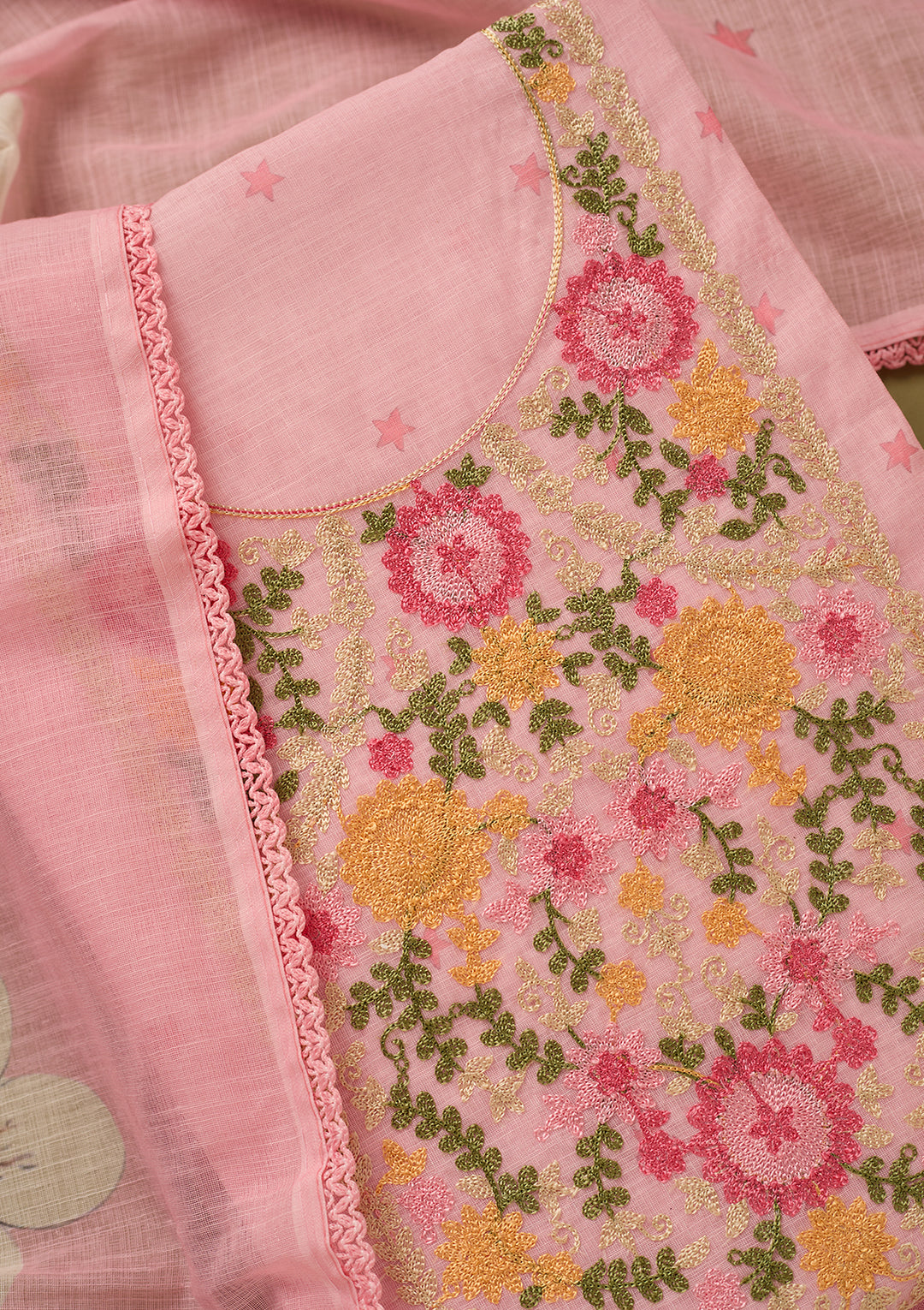 Baby Pink Threadwork Linen Unstitched Salwar Suit