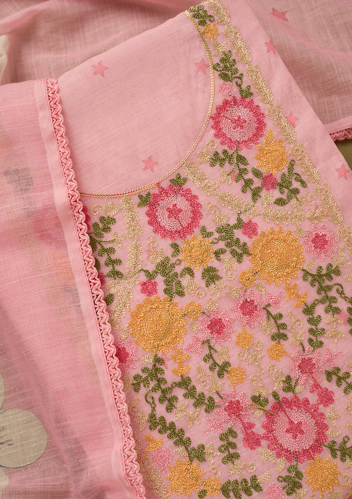 Baby Pink Threadwork Linen Unstitched Salwar Suit