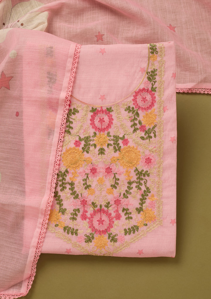 Baby Pink Threadwork Linen Unstitched Salwar Suit