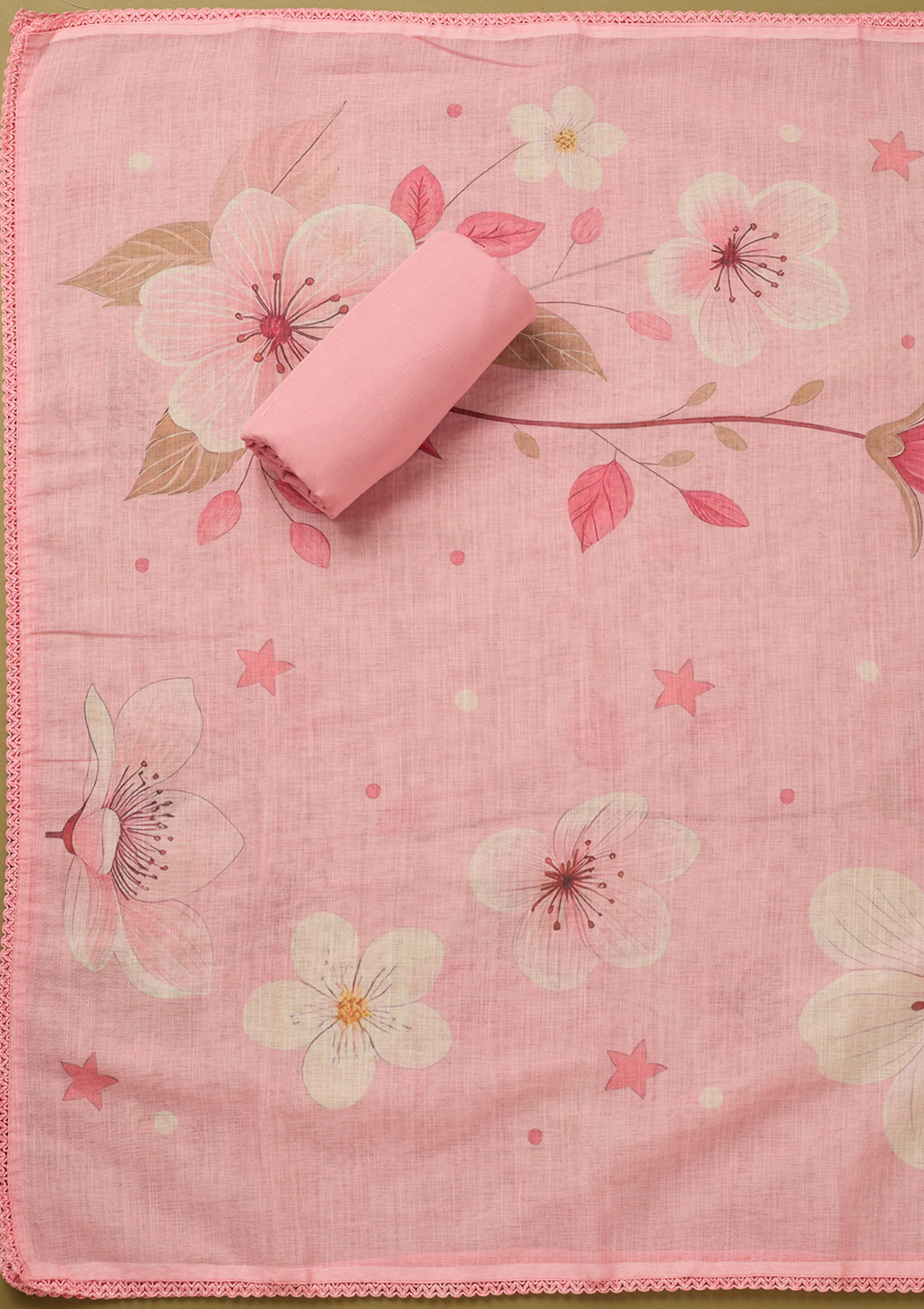 Baby Pink Threadwork Linen Unstitched Salwar Suit