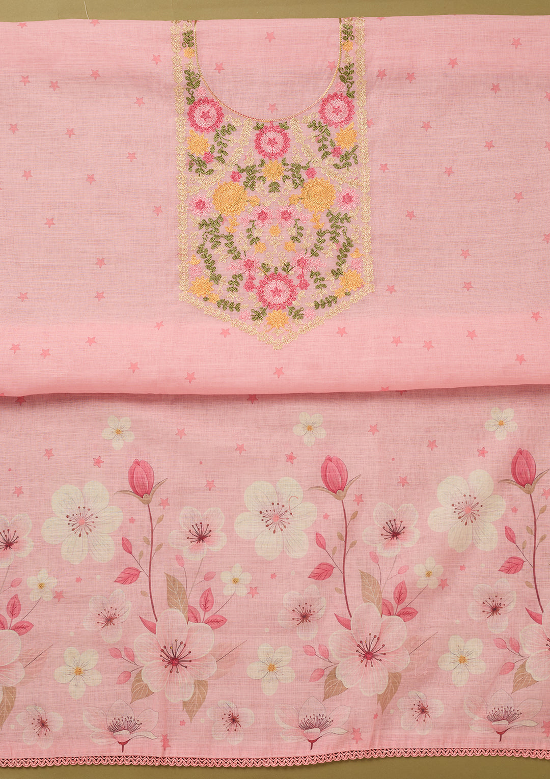 Baby Pink Threadwork Linen Unstitched Salwar Suit
