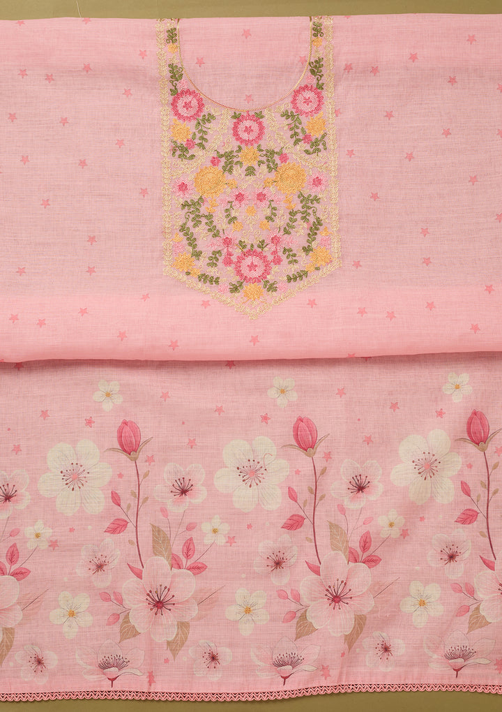 Baby Pink Threadwork Linen Unstitched Salwar Suit