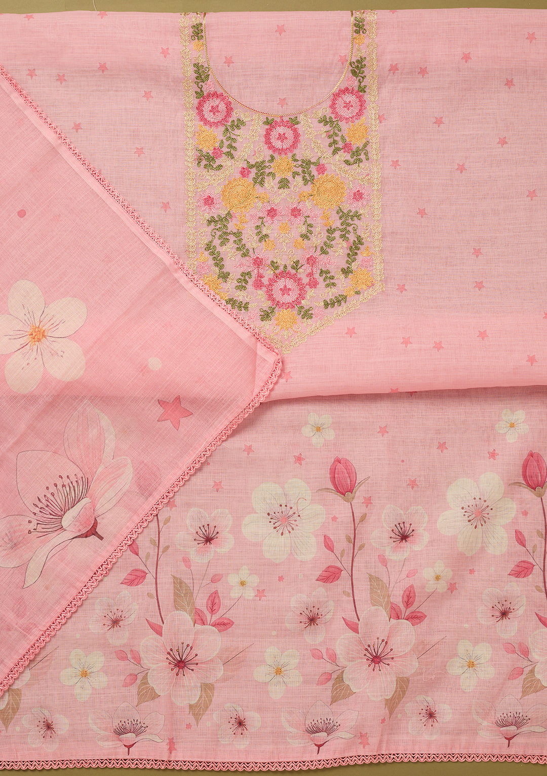 Baby Pink Threadwork Linen Unstitched Salwar Suit