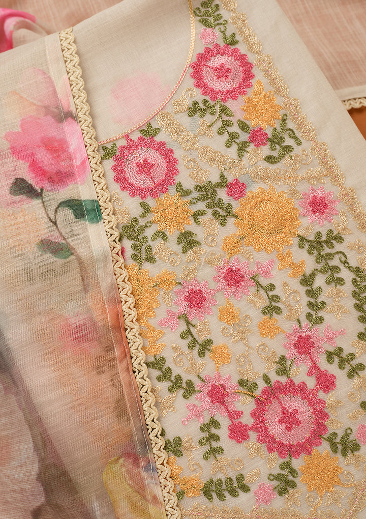 Beige Threadwork Linen Unstitched Salwar Suit