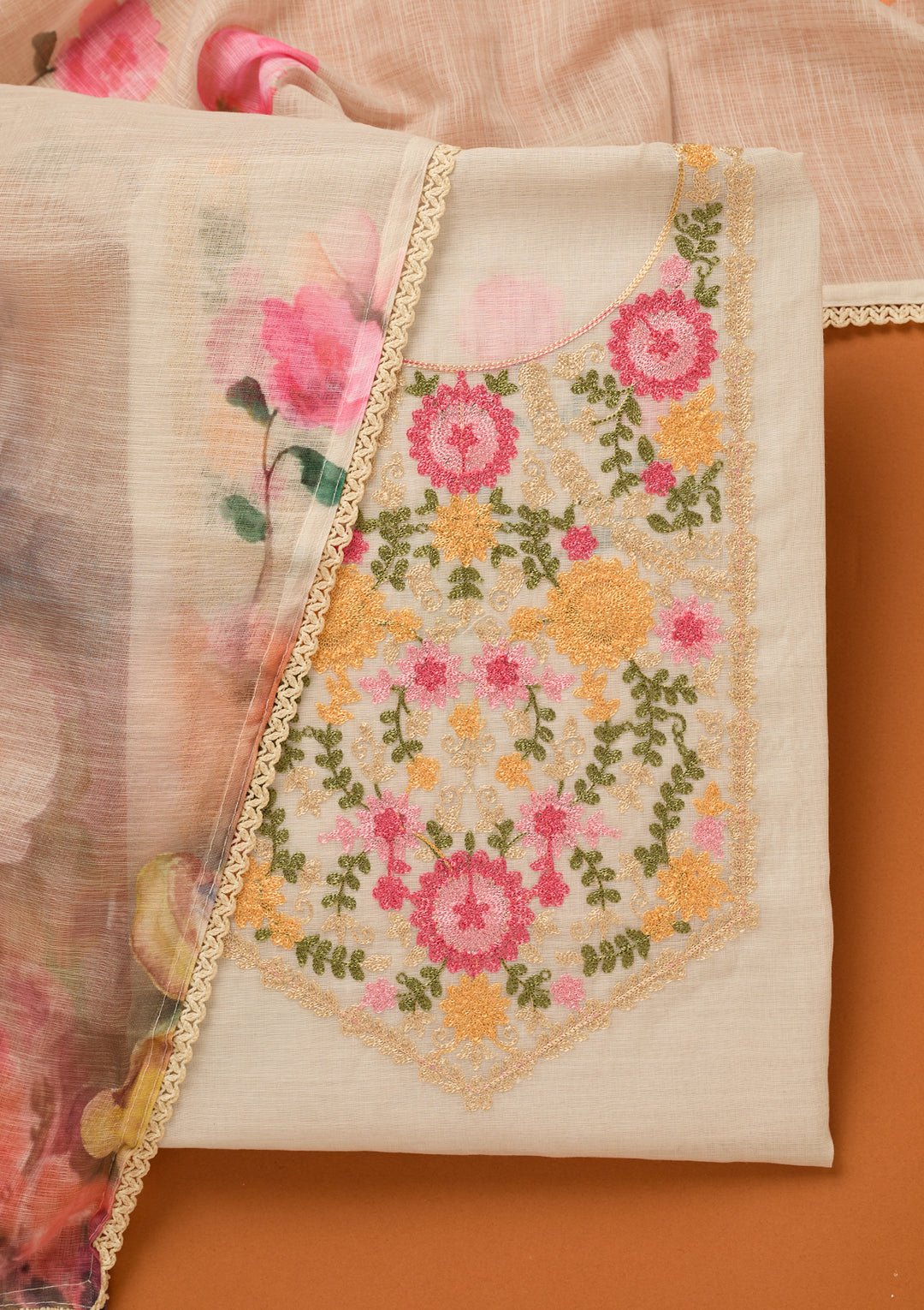Beige Threadwork Linen Unstitched Salwar Suit
