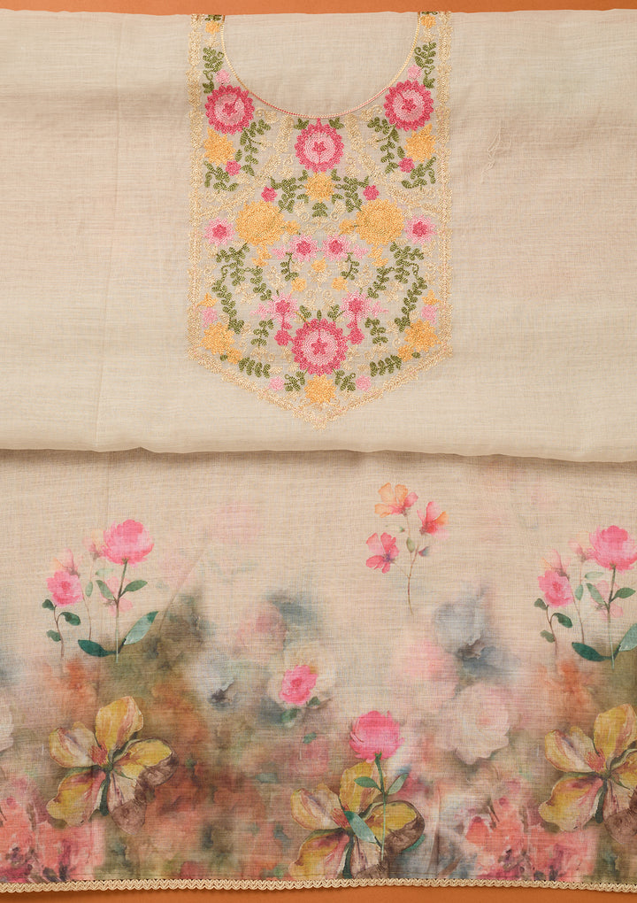 Beige Threadwork Linen Unstitched Salwar Suit