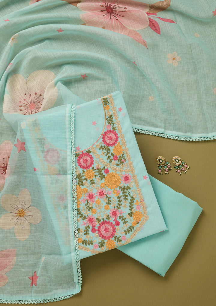 Sky Blue Threadwork Linen Unstitched Salwar Suit