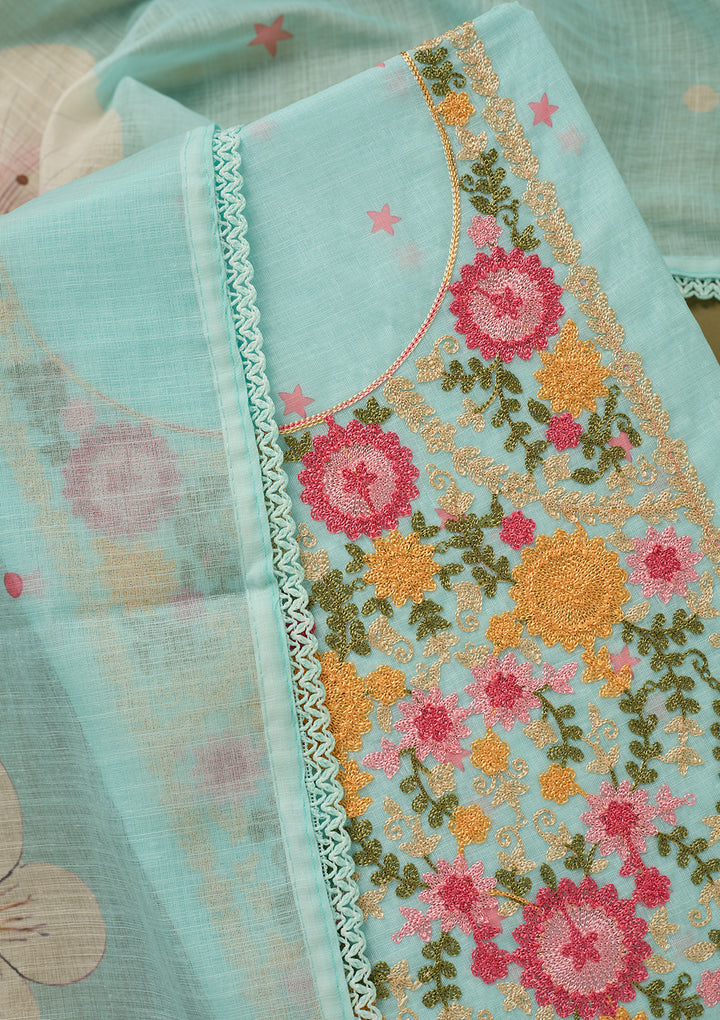 Sky Blue Threadwork Linen Unstitched Salwar Suit