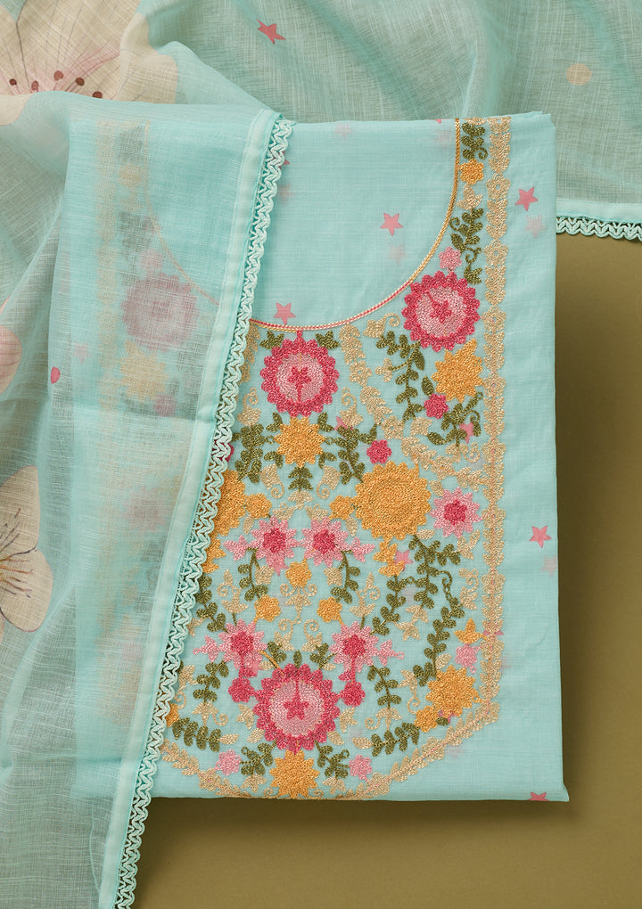 Sky Blue Threadwork Linen Unstitched Salwar Suit