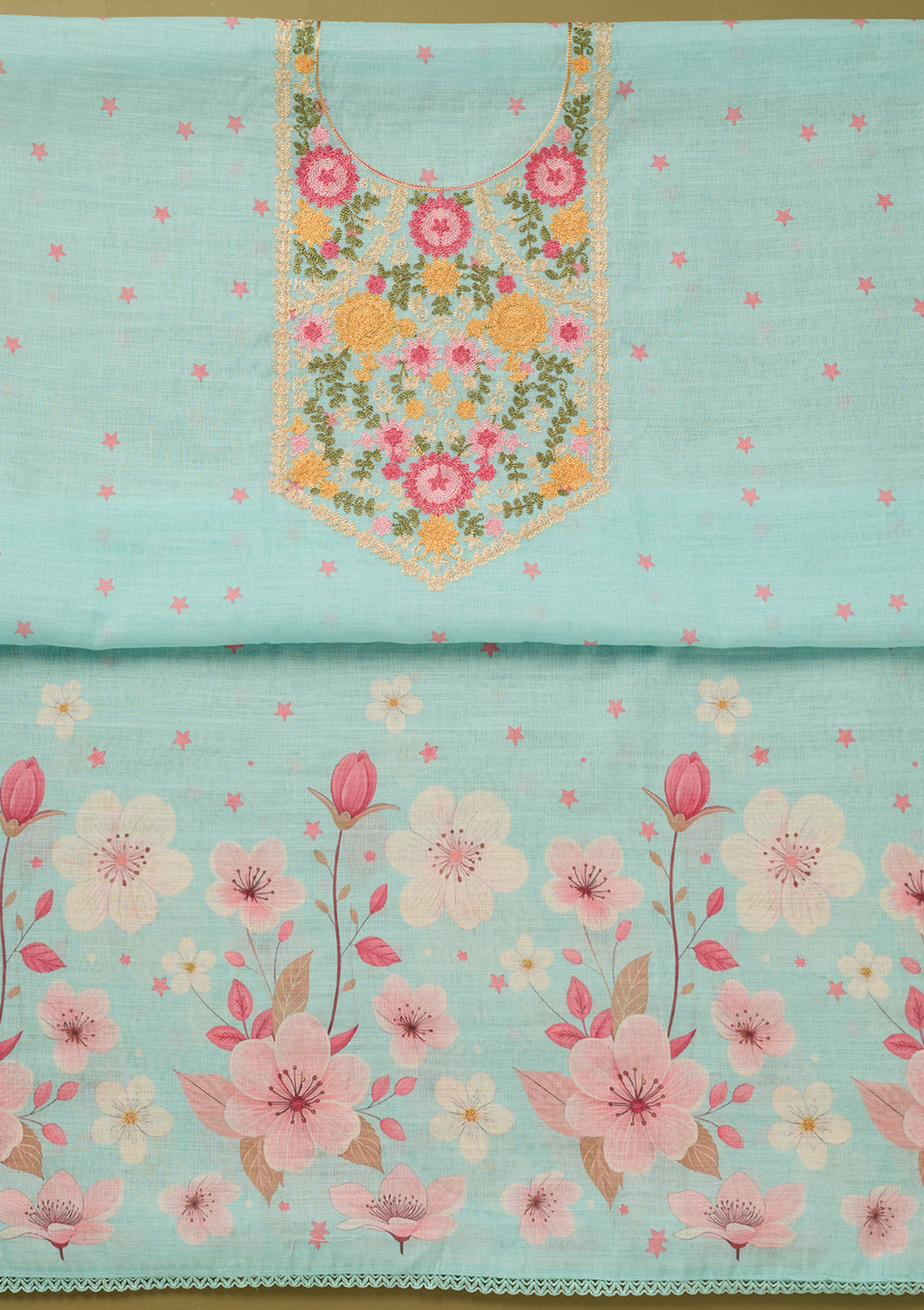Sky Blue Threadwork Linen Unstitched Salwar Suit