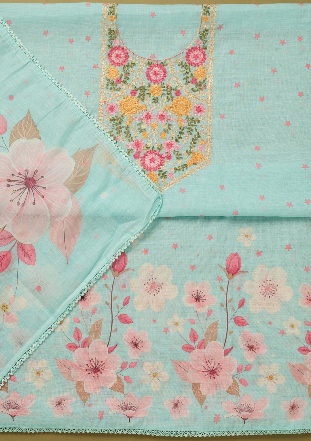 Sky Blue Threadwork Linen Unstitched Salwar Suit