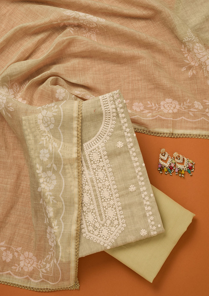 Pista Green Threadwork Cotton Unstitched Salwar Suit