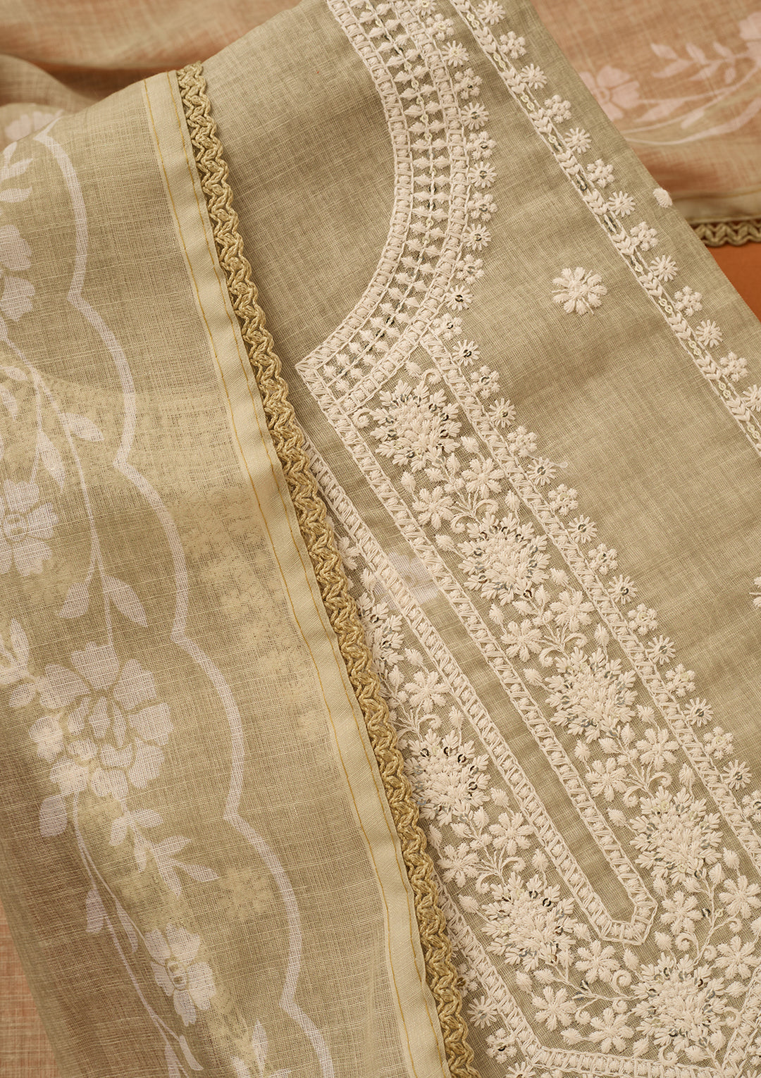 Pista Green Threadwork Cotton Unstitched Salwar Suit