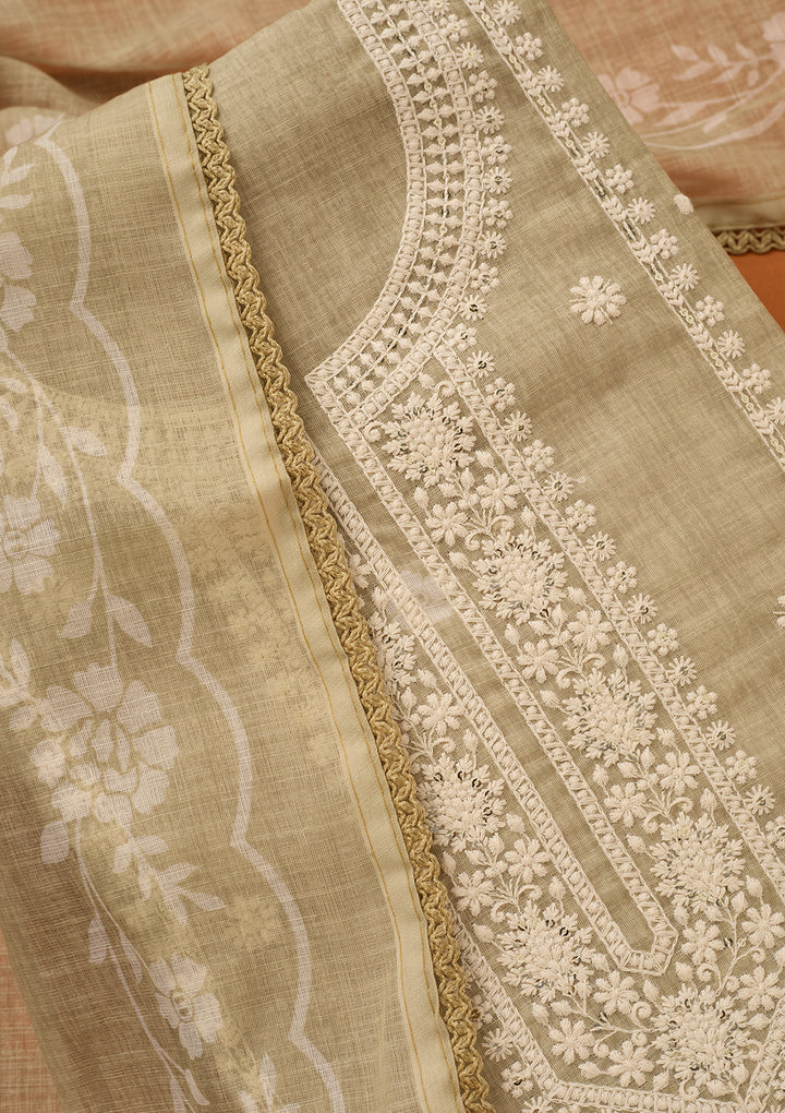 Pista Green Threadwork Cotton Unstitched Salwar Suit