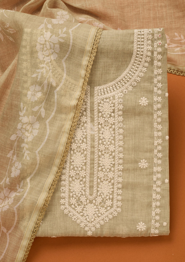 Pista Green Threadwork Cotton Unstitched Salwar Suit