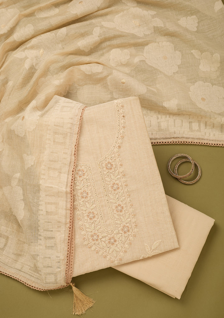 Beige Cotton Threadwork Unstitched Dress Material With Matching Bottom And Dupatta