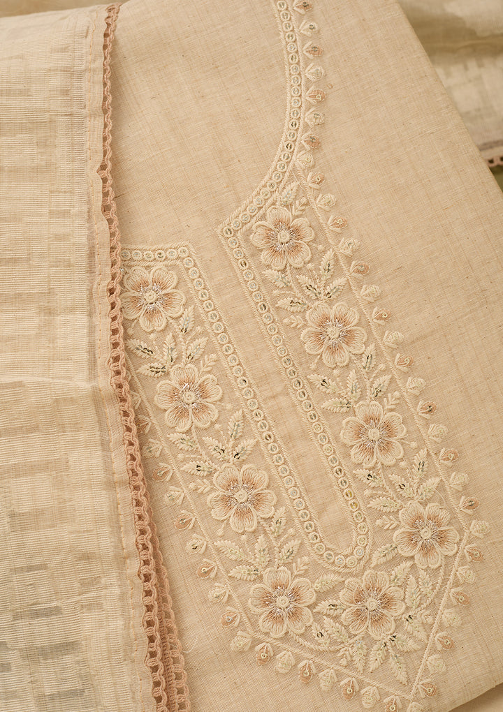 Beige Cotton Threadwork Unstitched Dress Material With Matching Bottom And Dupatta