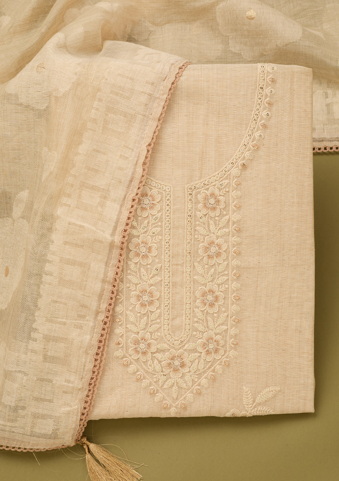 Beige Cotton Threadwork Unstitched Dress Material With Matching Bottom And Dupatta