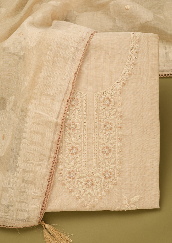 Beige Cotton Threadwork Unstitched Dress Material With Matching Bottom And Dupatta