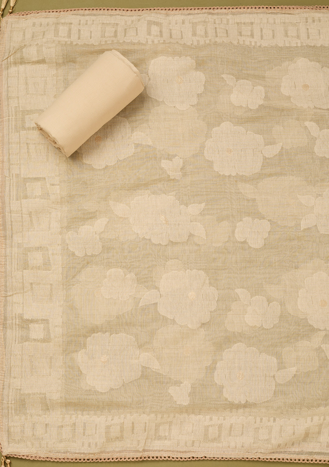 Beige Cotton Threadwork Unstitched Dress Material With Matching Bottom And Dupatta