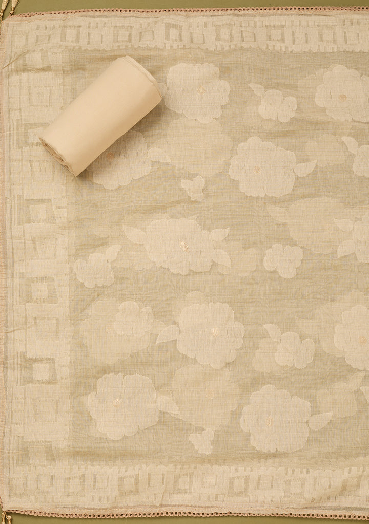 Beige Cotton Threadwork Unstitched Dress Material With Matching Bottom And Dupatta
