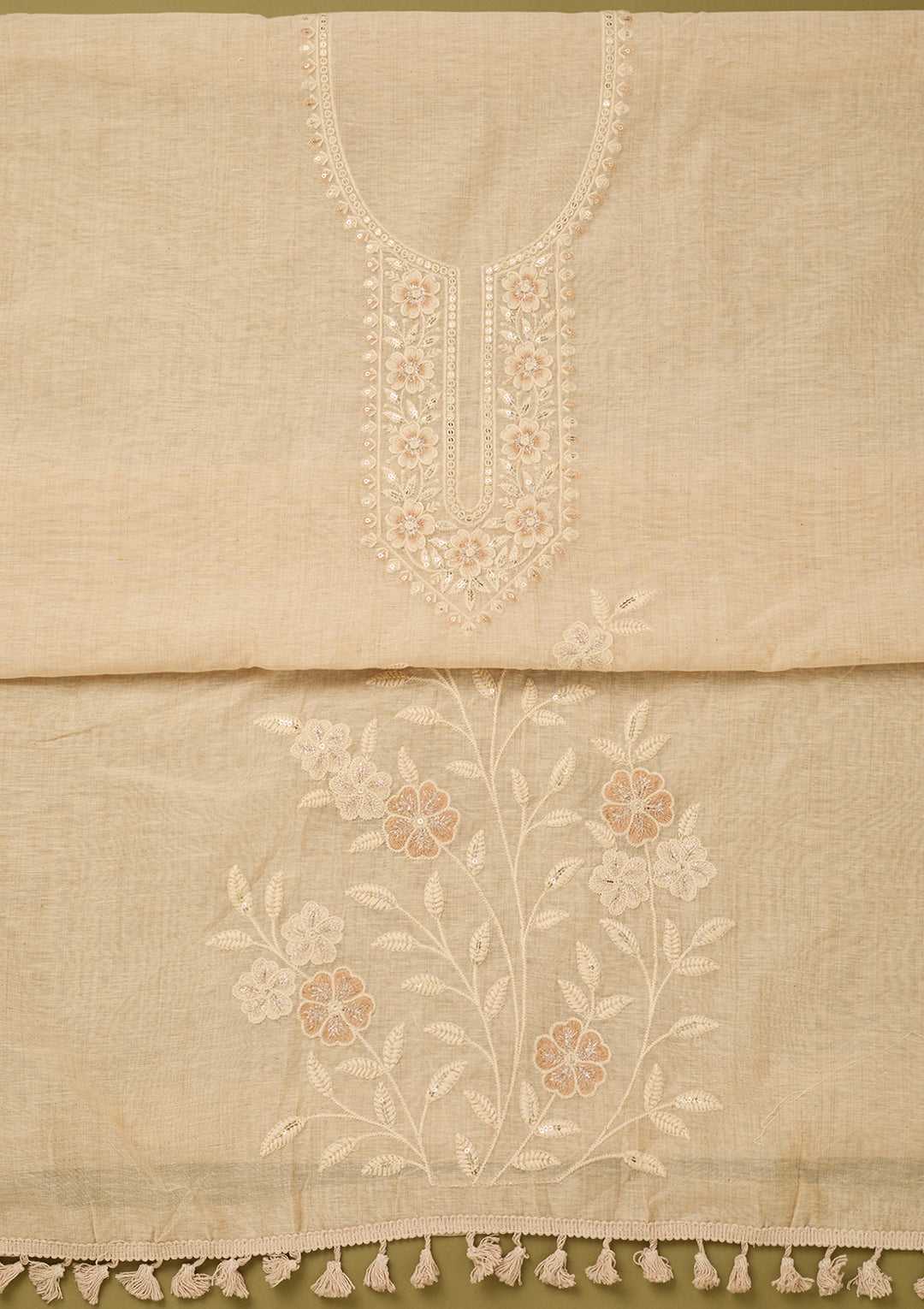 Beige Cotton Threadwork Unstitched Dress Material With Matching Bottom And Dupatta