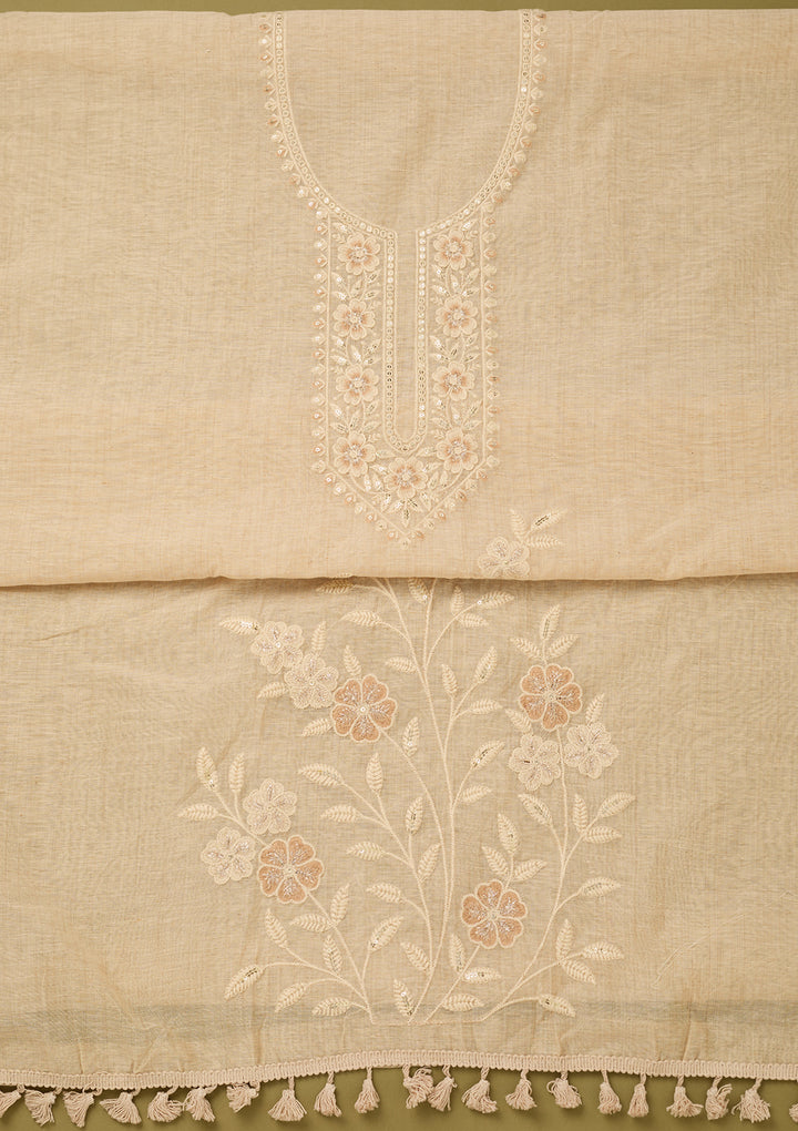 Beige Cotton Threadwork Unstitched Dress Material With Matching Bottom And Dupatta