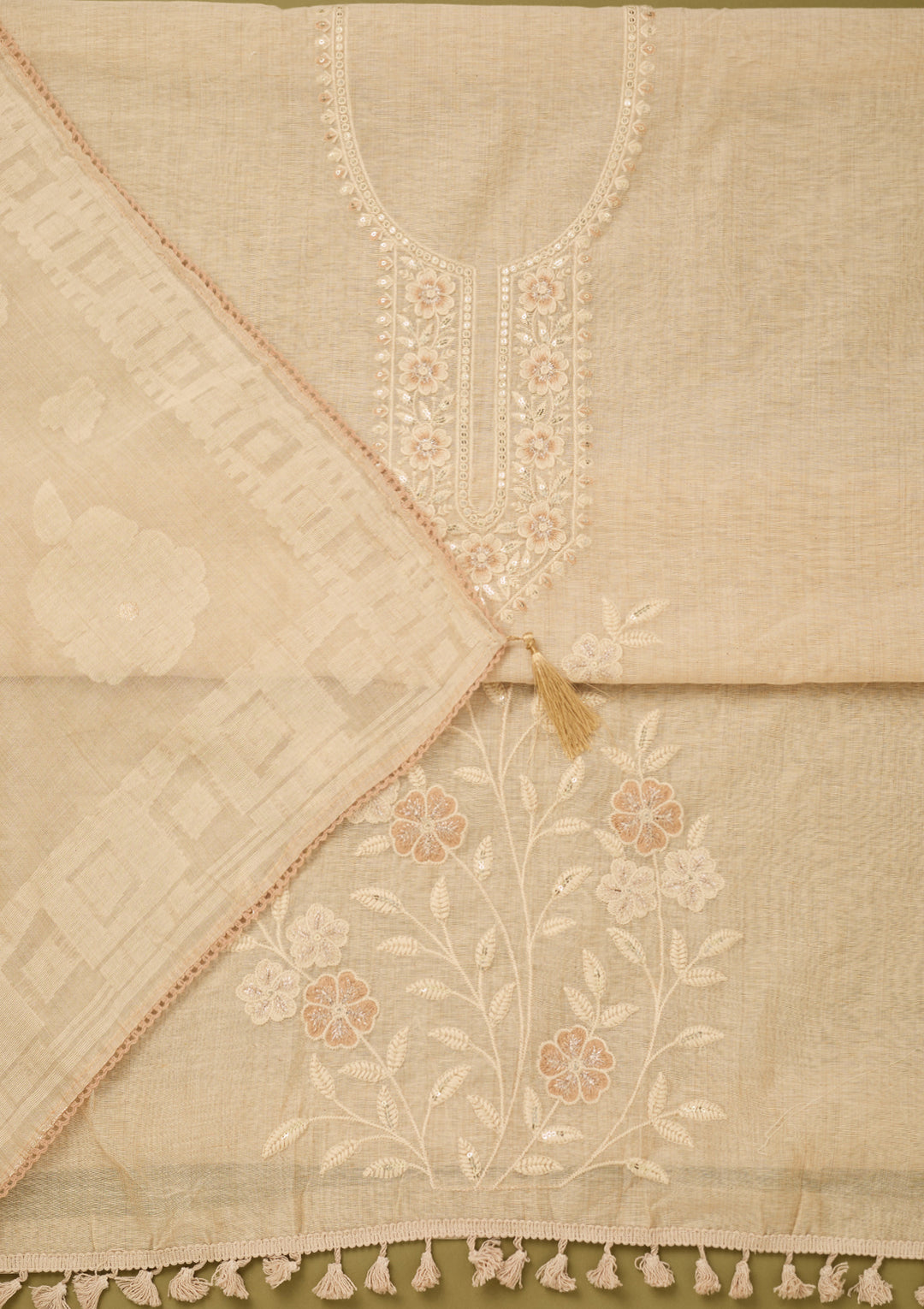 Beige Cotton Threadwork Unstitched Dress Material With Matching Bottom And Dupatta