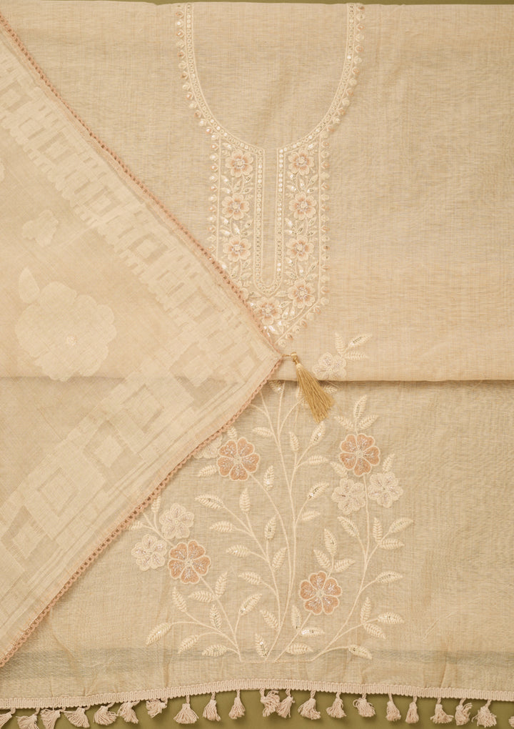 Beige Cotton Threadwork Unstitched Dress Material With Matching Bottom And Dupatta