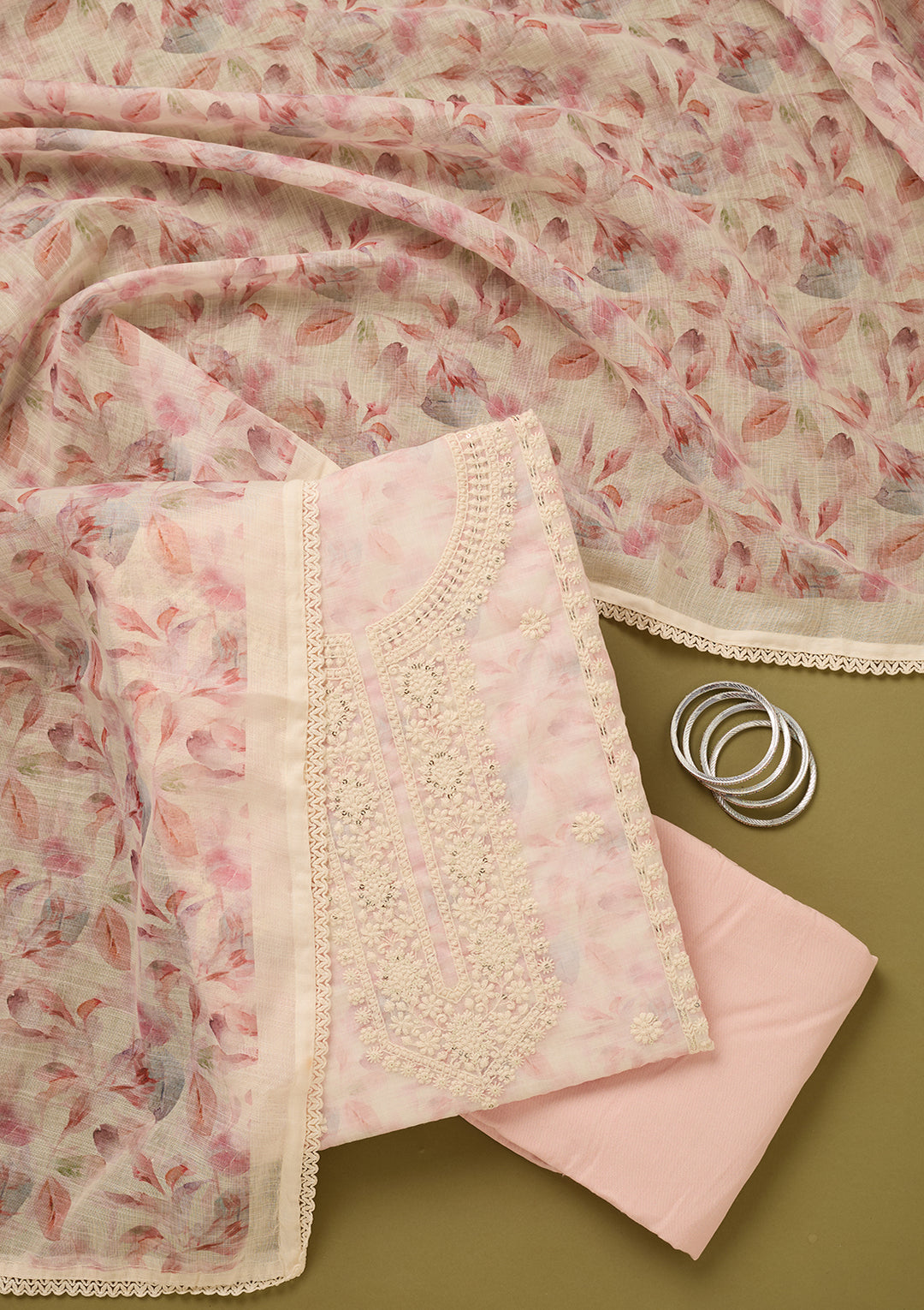 Baby Pink Threadwork Cotton Unstitched Salwar Suit