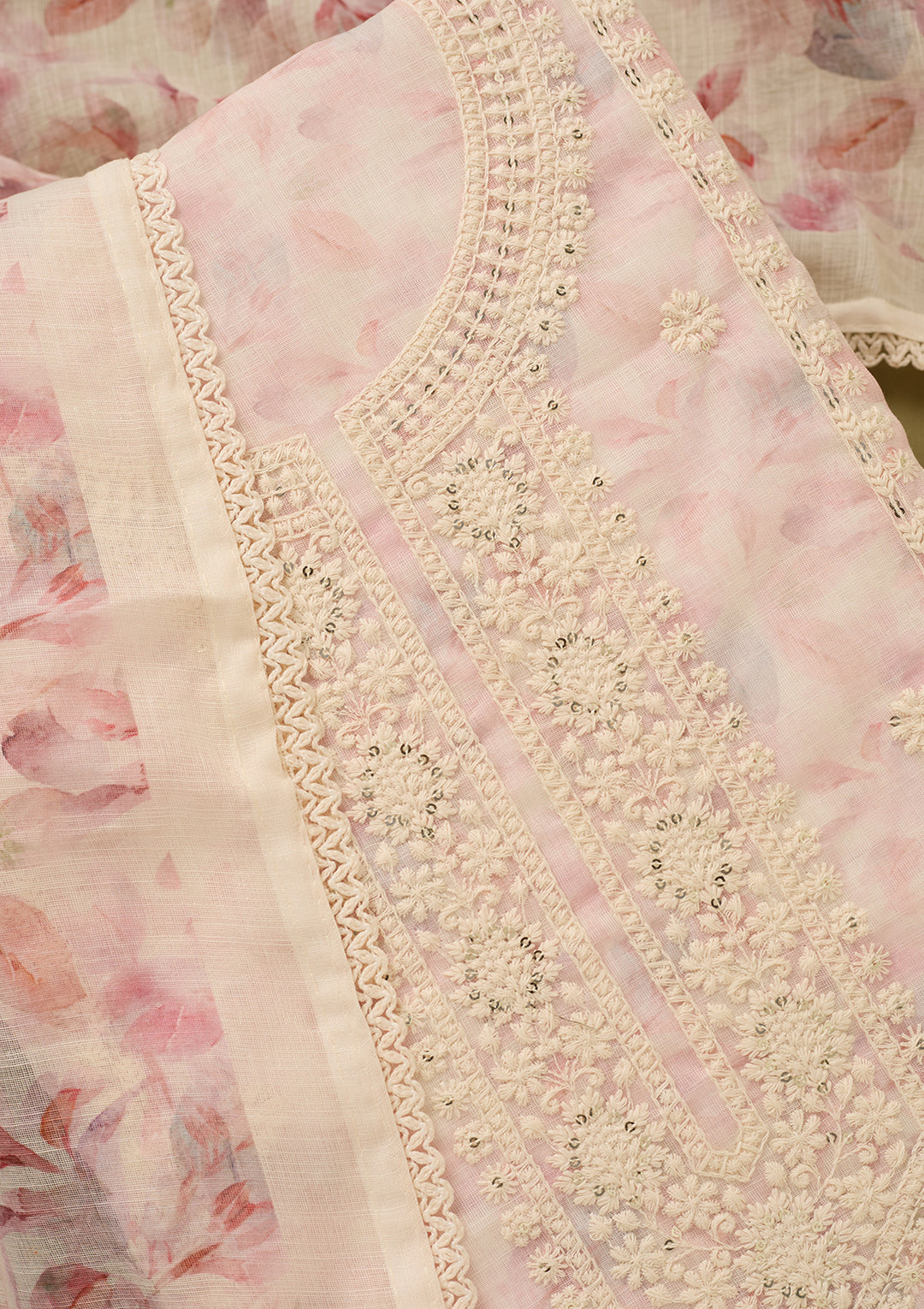 Baby Pink Threadwork Cotton Unstitched Salwar Suit