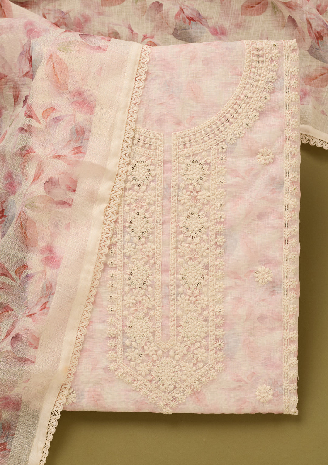 Baby Pink Threadwork Cotton Unstitched Salwar Suit