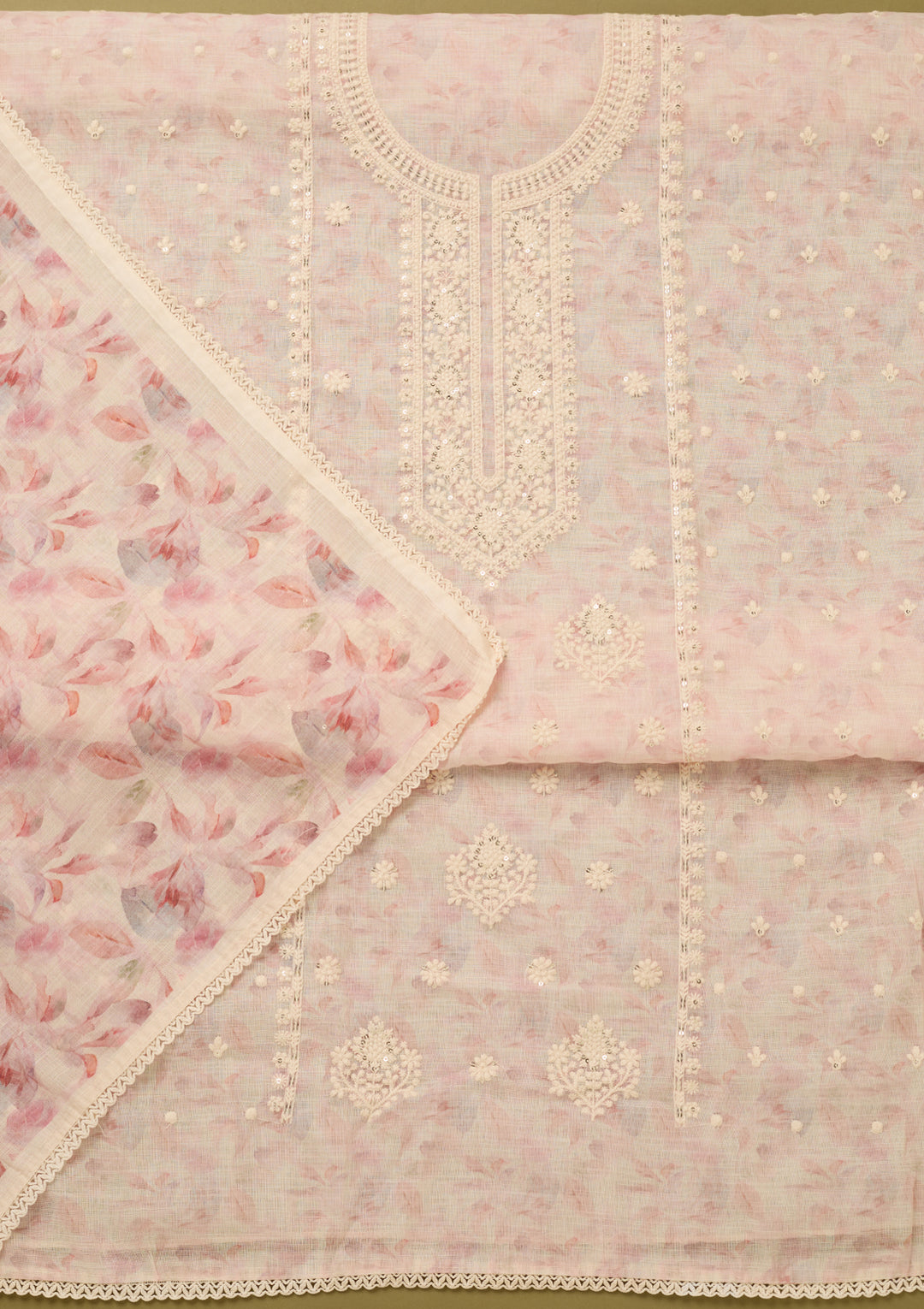 Baby Pink Threadwork Cotton Unstitched Salwar Suit