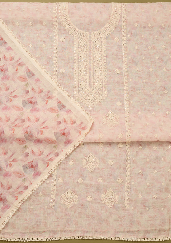 Baby Pink Threadwork Cotton Unstitched Salwar Suit