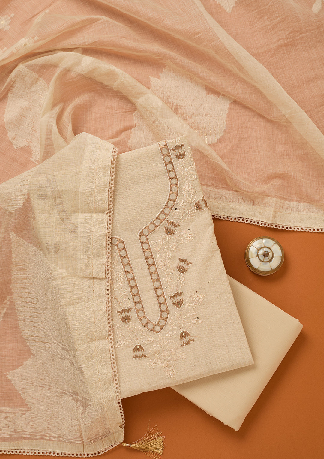 Beige Threadwork Cotton Unstitched Salwar Suit