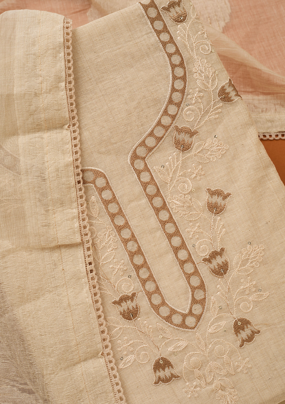 Beige Threadwork Cotton Unstitched Salwar Suit