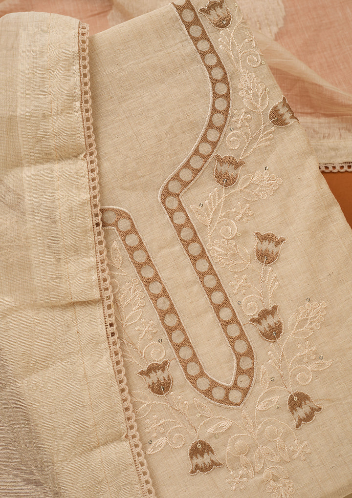 Beige Threadwork Cotton Unstitched Salwar Suit