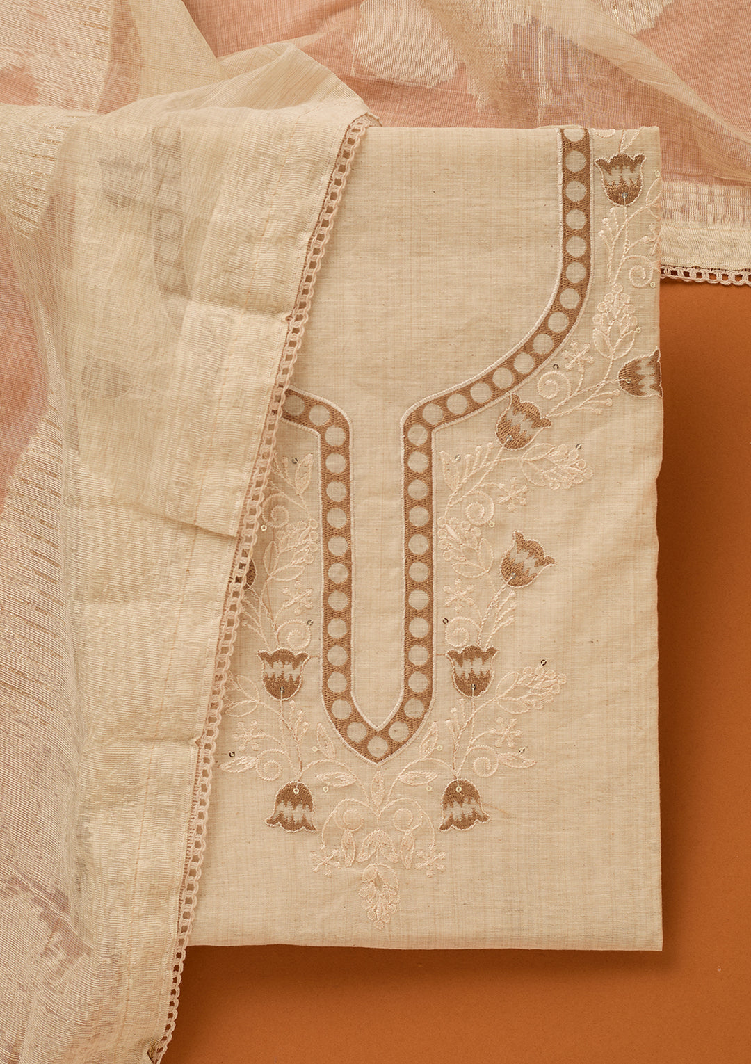 Beige Threadwork Cotton Unstitched Salwar Suit