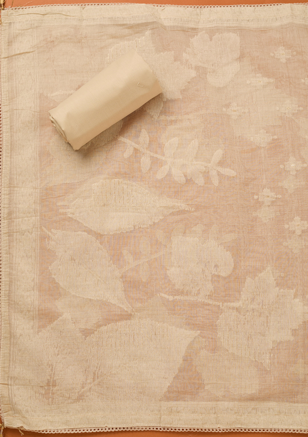 Beige Threadwork Cotton Unstitched Salwar Suit