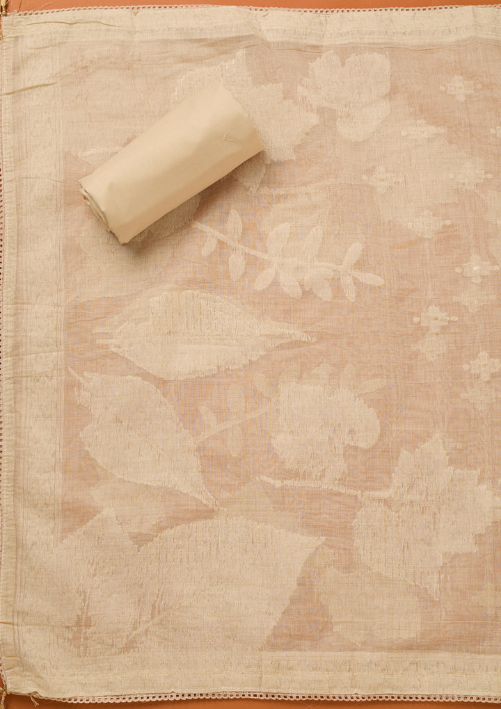 Beige Threadwork Cotton Unstitched Salwar Suit