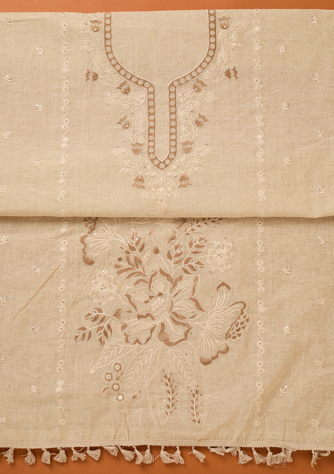 Beige Threadwork Cotton Unstitched Salwar Suit