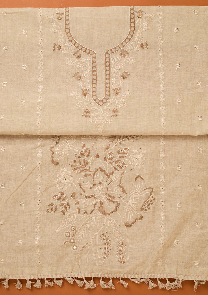 Beige Threadwork Cotton Unstitched Salwar Suit