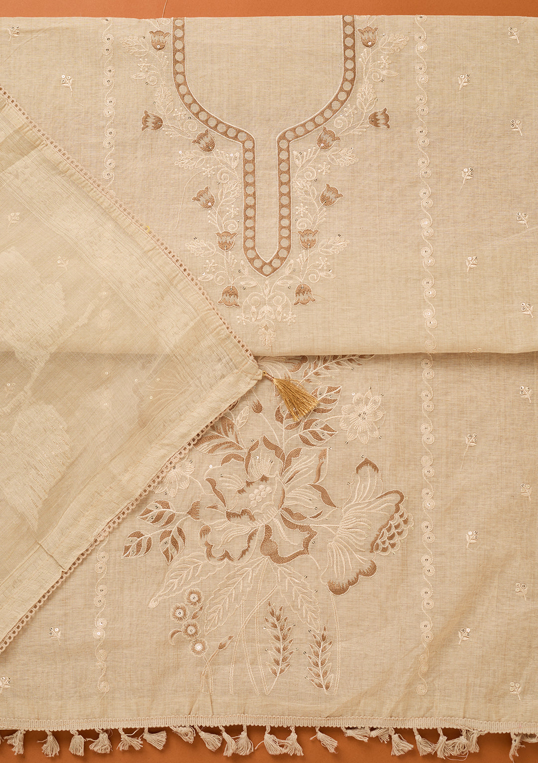 Beige Threadwork Cotton Unstitched Salwar Suit