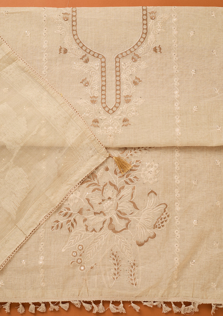 Beige Threadwork Cotton Unstitched Salwar Suit