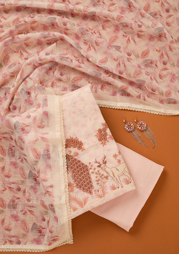 Off White Threadwork Cotton Unstitched Salwar Suit